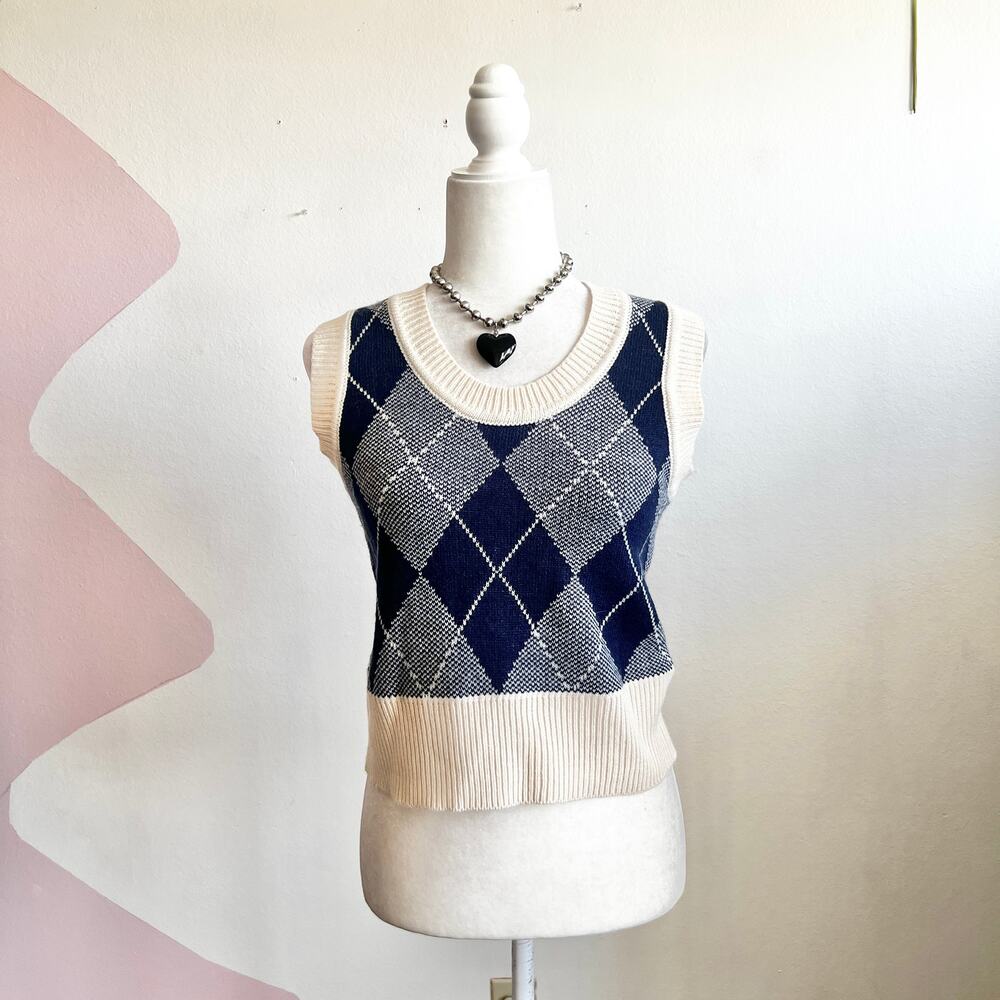 Blue Argyle Sweater Vest Preppy Academia Retro Vintage Inspired Small